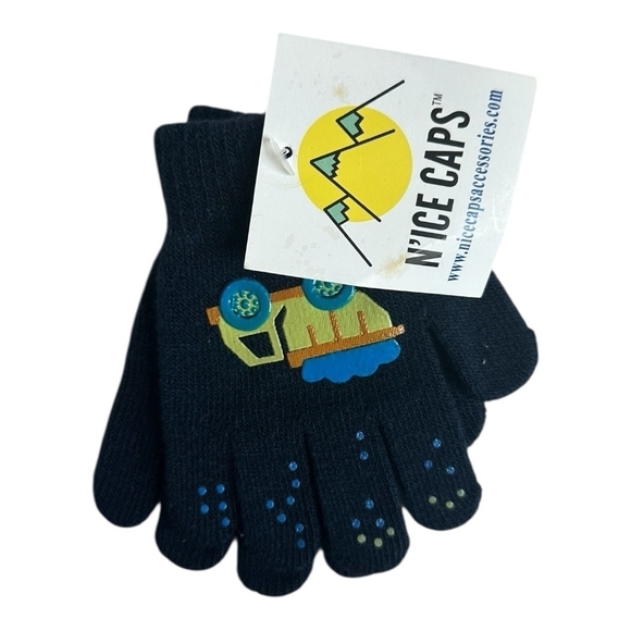 N'ice Caps Boys Magic Stretch Gloves 2 Pair Kids Black Blue Truck Design Gloves - Picture 4 of 6